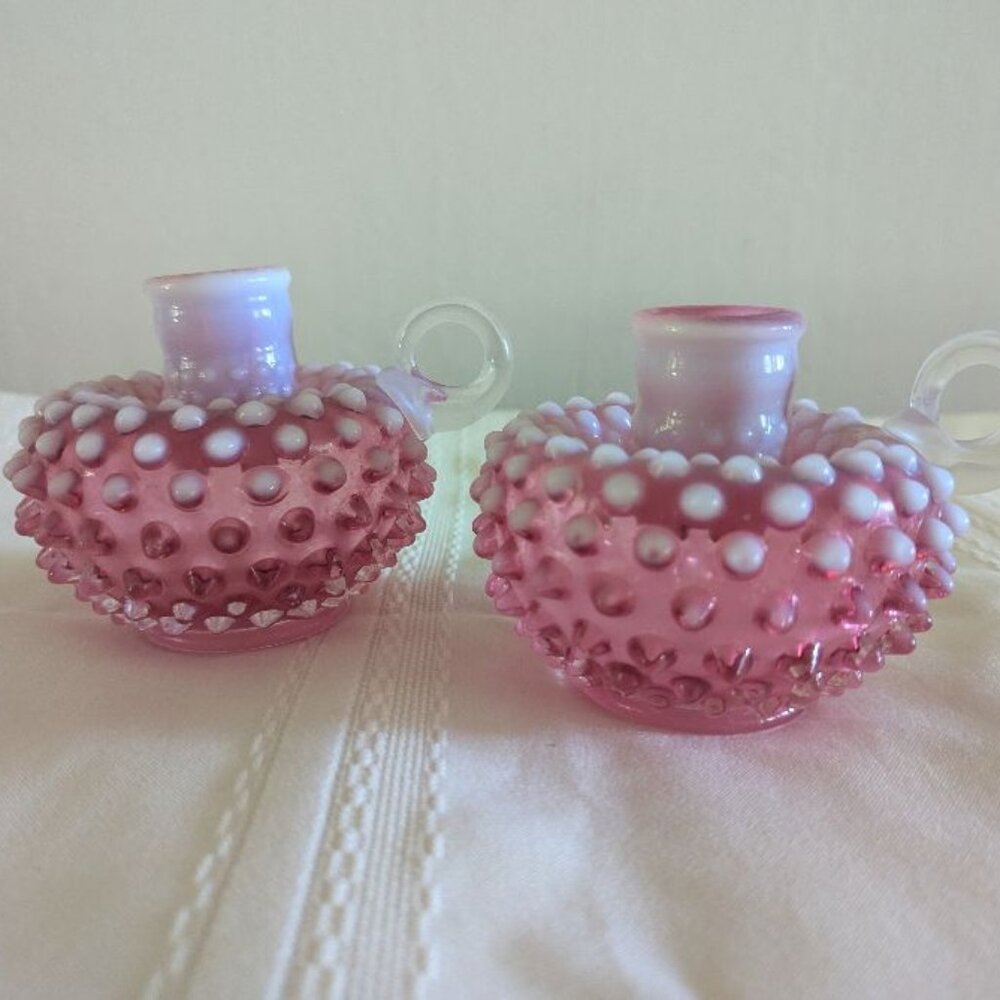 Pink Fenton Hobnail Candle Holders